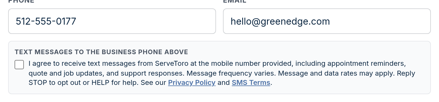 2. In-app account settings (Settings → Company) — desktop view showing the unchecked SMS consent checkbox