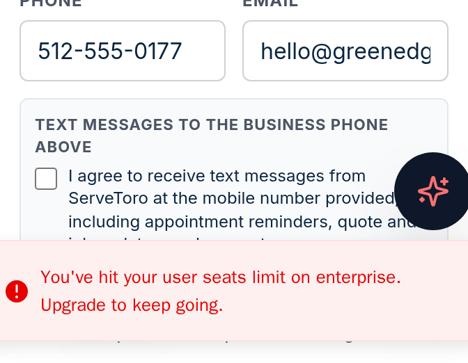2. In-app account settings (Settings → Company) — mobile view showing the unchecked SMS consent checkbox