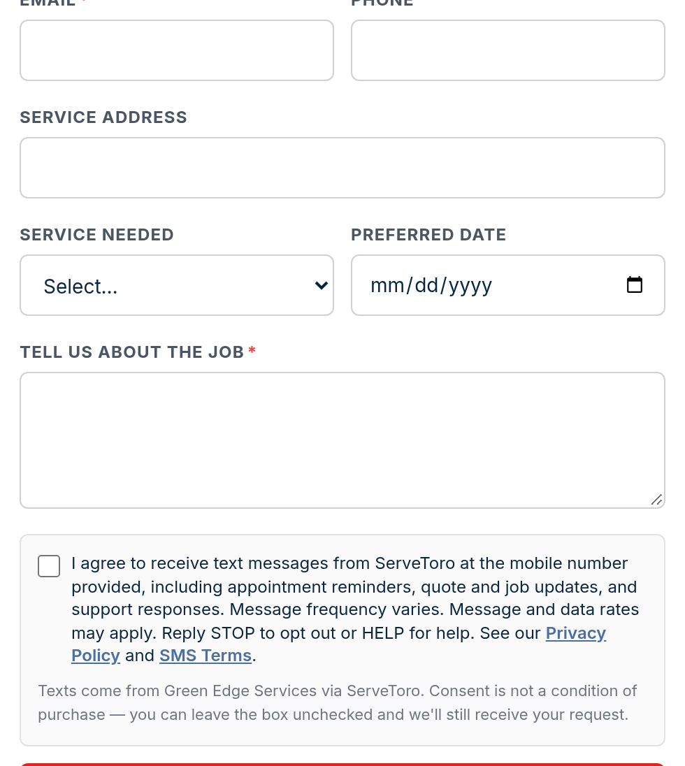 5. Customer-facing booking page (servetoro.com/request/…) — desktop view showing the unchecked SMS consent checkbox
