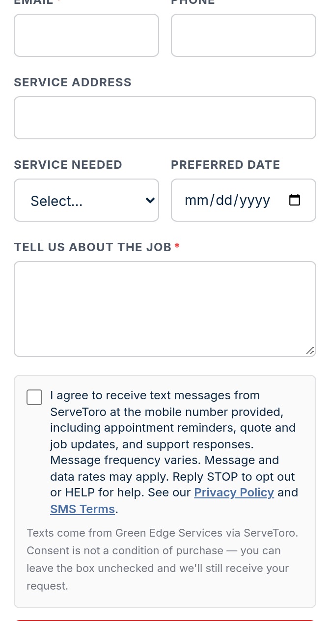 5. Customer-facing booking page (servetoro.com/request/…) — mobile view showing the unchecked SMS consent checkbox