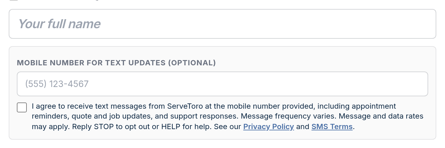 8. Change order approval page (servetoro.com/change-order/…) — desktop view showing the unchecked SMS consent checkbox