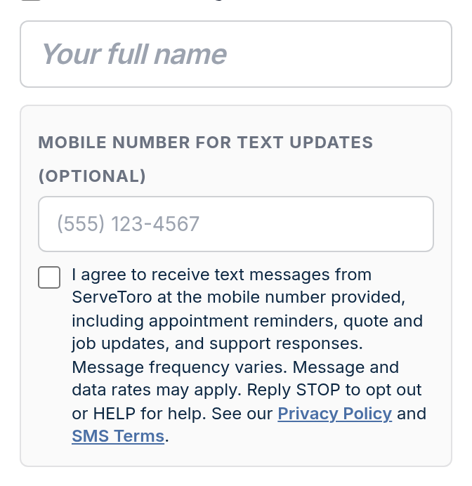 8. Change order approval page (servetoro.com/change-order/…) — mobile view showing the unchecked SMS consent checkbox