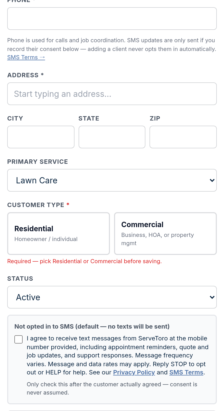 4. Customer records (Customers → New / Edit) — desktop view showing the unchecked SMS consent checkbox
