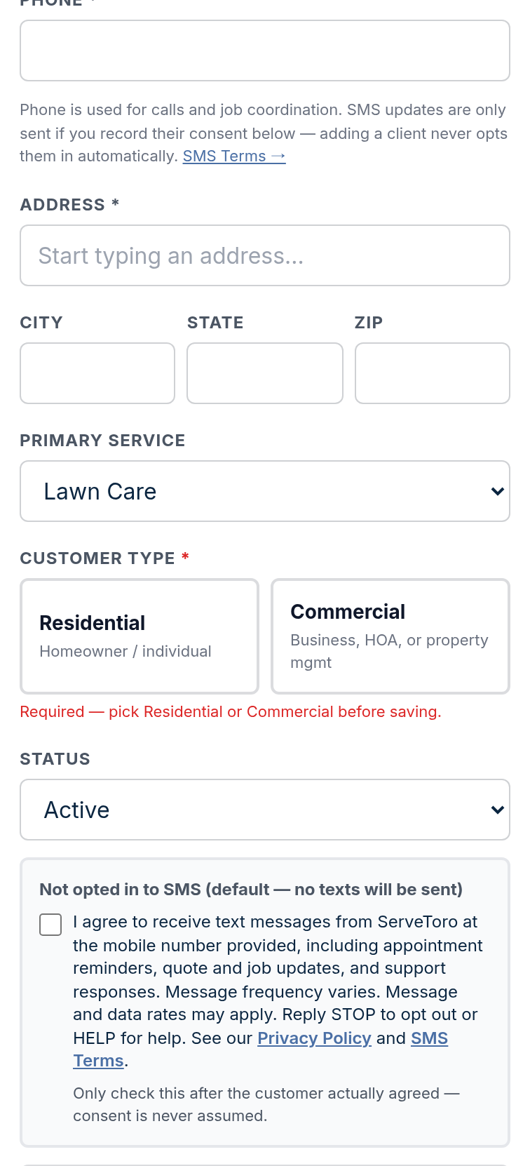 4. Customer records (Customers → New / Edit) — mobile view showing the unchecked SMS consent checkbox