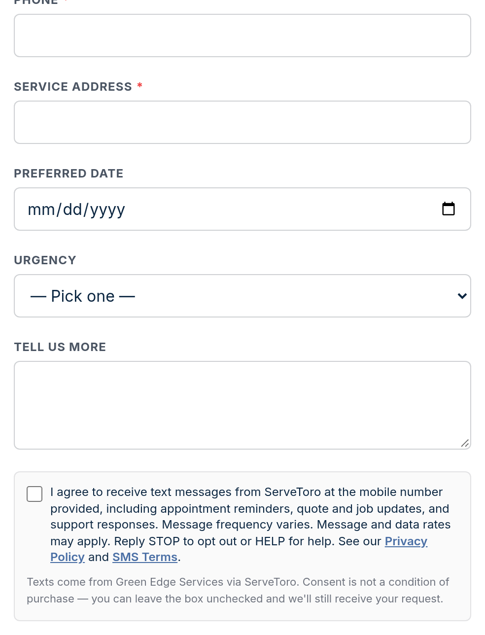 6. Embeddable lead form (servetoro.com/f/…) — desktop view showing the unchecked SMS consent checkbox