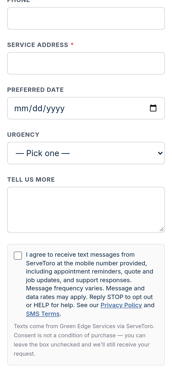 6. Embeddable lead form (servetoro.com/f/…) — mobile view showing the unchecked SMS consent checkbox