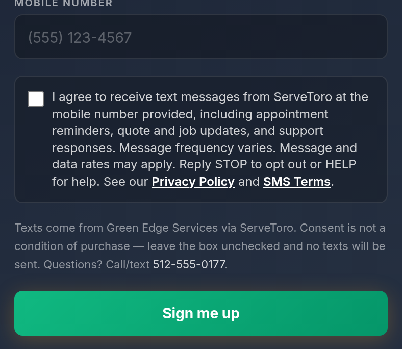 11. QR / link opt-in page (servetoro.com/sms/…) — desktop view showing the unchecked SMS consent checkbox