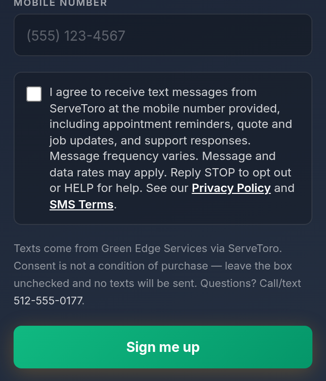 11. QR / link opt-in page (servetoro.com/sms/…) — mobile view showing the unchecked SMS consent checkbox