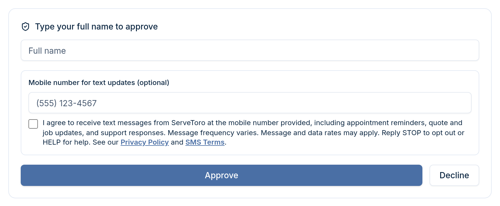 9. QuickQuote approval page (servetoro.com/quickquote-review/…) — desktop view showing the unchecked SMS consent checkbox