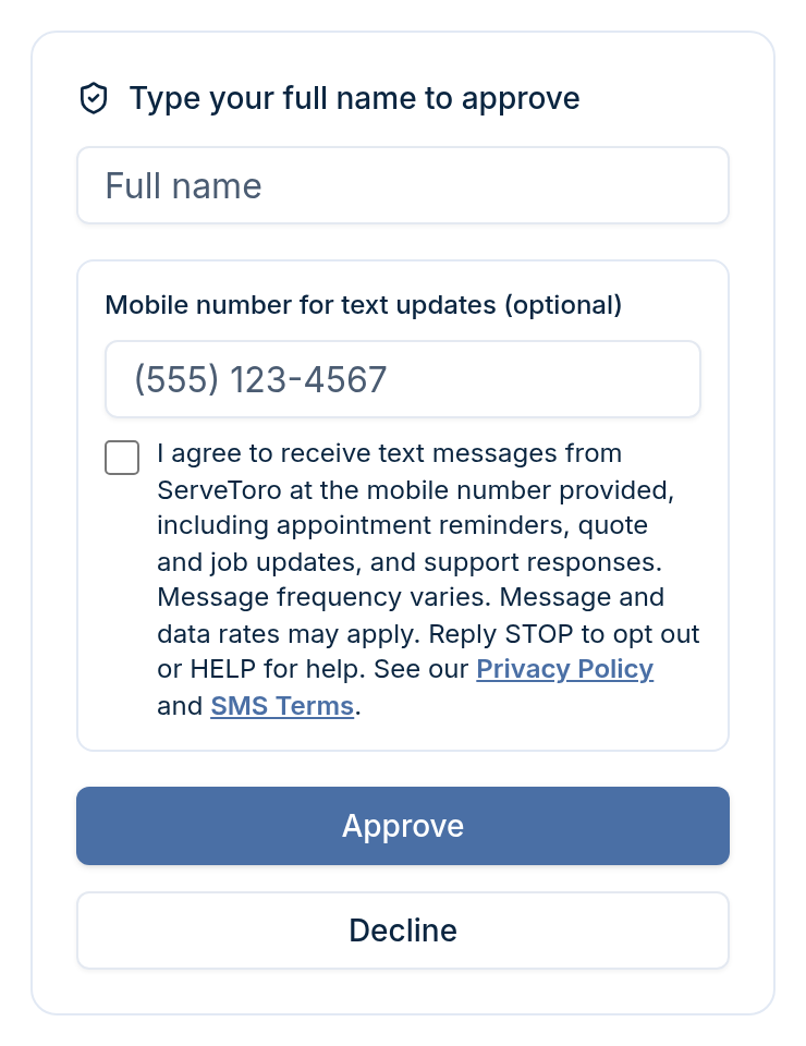 9. QuickQuote approval page (servetoro.com/quickquote-review/…) — mobile view showing the unchecked SMS consent checkbox