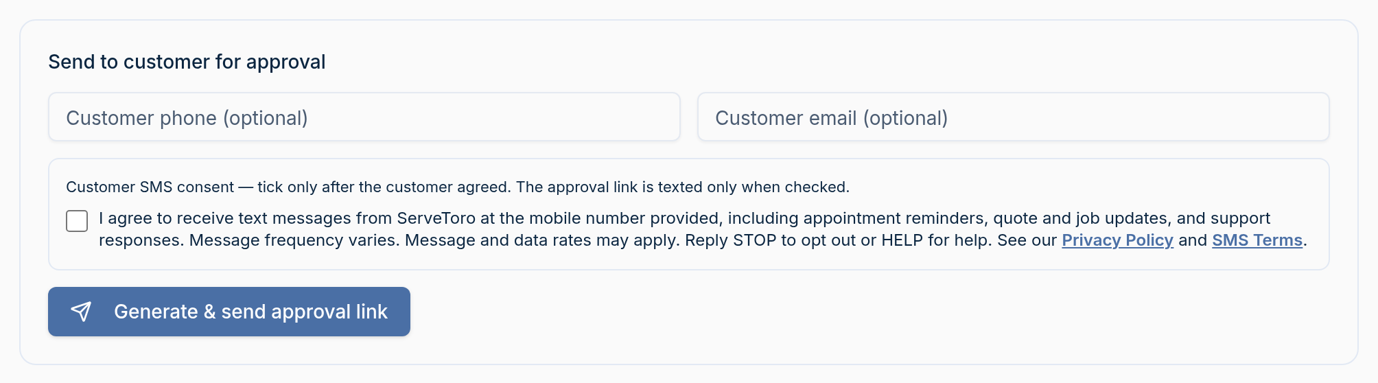 10. QuickQuote — send for approval (technician app) — desktop view showing the unchecked SMS consent checkbox
