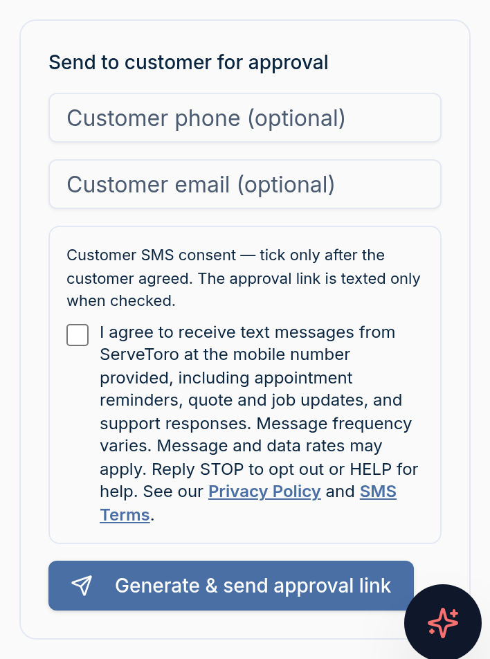 10. QuickQuote — send for approval (technician app) — mobile view showing the unchecked SMS consent checkbox