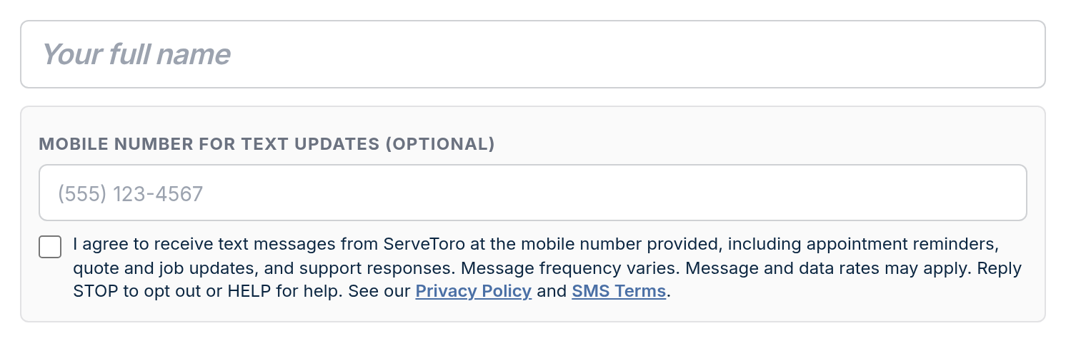 7. Quote approval page (servetoro.com/quote/…) — desktop view showing the unchecked SMS consent checkbox