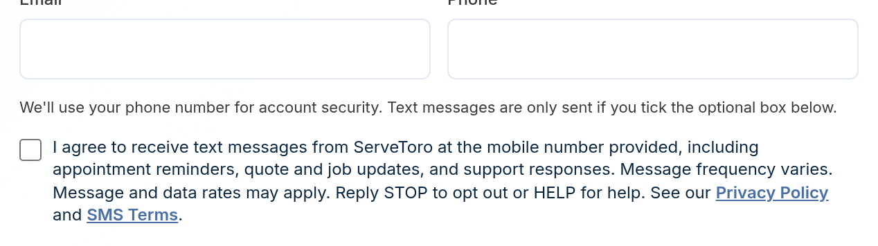 1. Public web sign-up (servetoro.com/signup) — desktop view showing the unchecked SMS consent checkbox