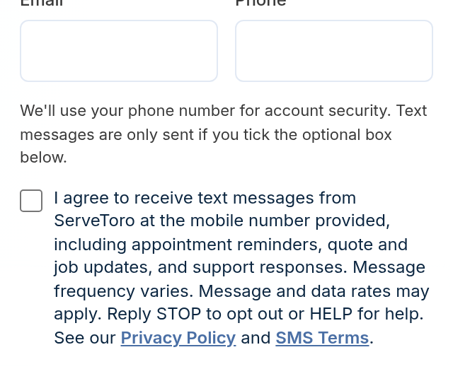 1. Public web sign-up (servetoro.com/signup) — mobile view showing the unchecked SMS consent checkbox